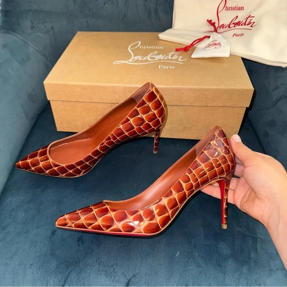 New Size 36.5 Christian Louboutin Kate 85 Brown Alligator Print Pumps